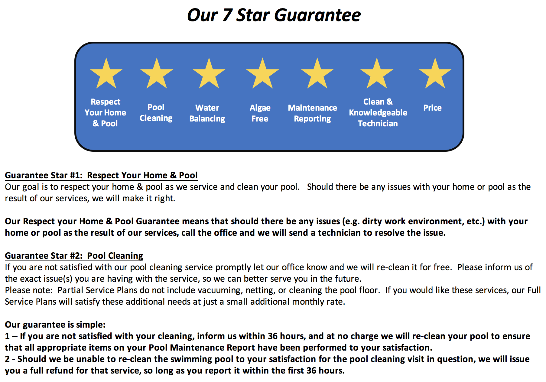 7 Star Farwest Pool Service Guarantee