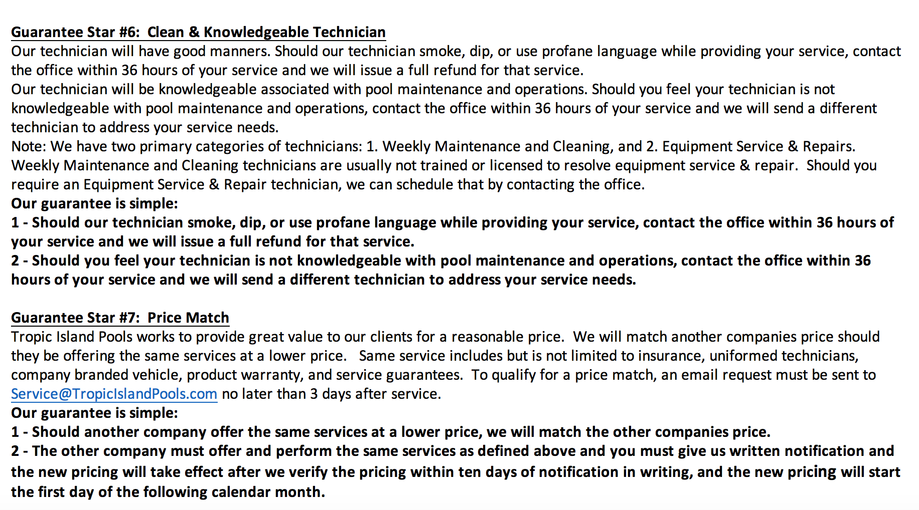 7 Star Farwest Pool Service Guarantee